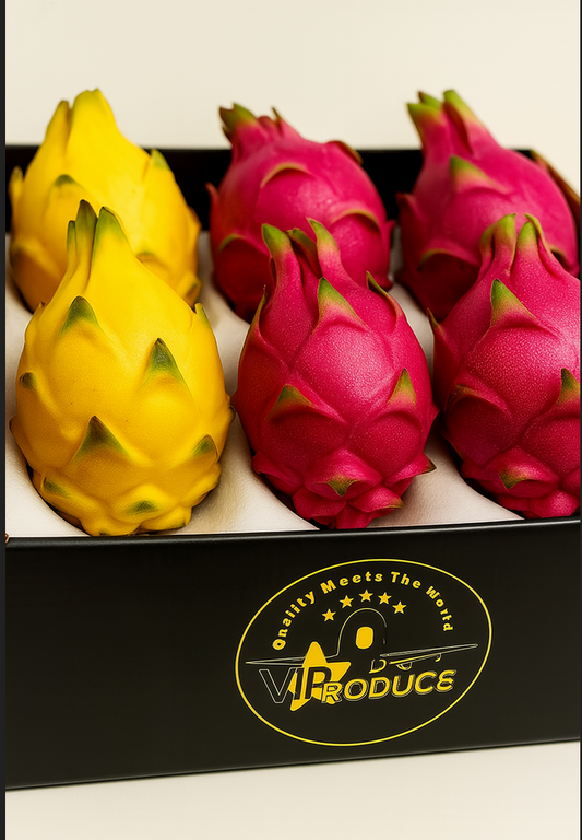 Dragon fruits in a box with VIP Produce logo